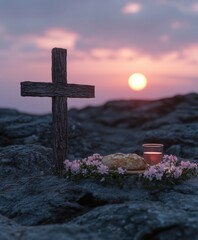 A wooden cross stands on rocky terrain, surrounded by pink flowers. A loaf of bread and a glass of wine rest nearby, bathed in the warm glow of sunset.