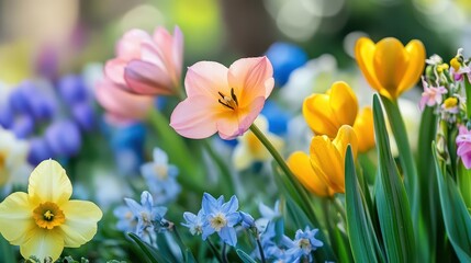 Fototapeta premium Soft, Pastel-Colored Flowers Blooming in a Serene Garden, Symbolizing Hope, Renewal, and the Beauty of the Spring Equinox