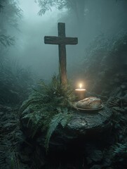 Naklejka premium A wooden cross stands in a misty forest, accompanied by a candle, bread, and ferns, creating an ethereal setting for solitude, faith, and spiritual contemplation.