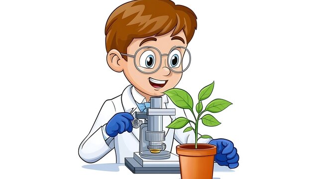 Boy scientist examines plant under microscope in lab