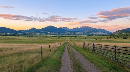 Serene Sunset Landscape with Mountain Views and Dirt Road