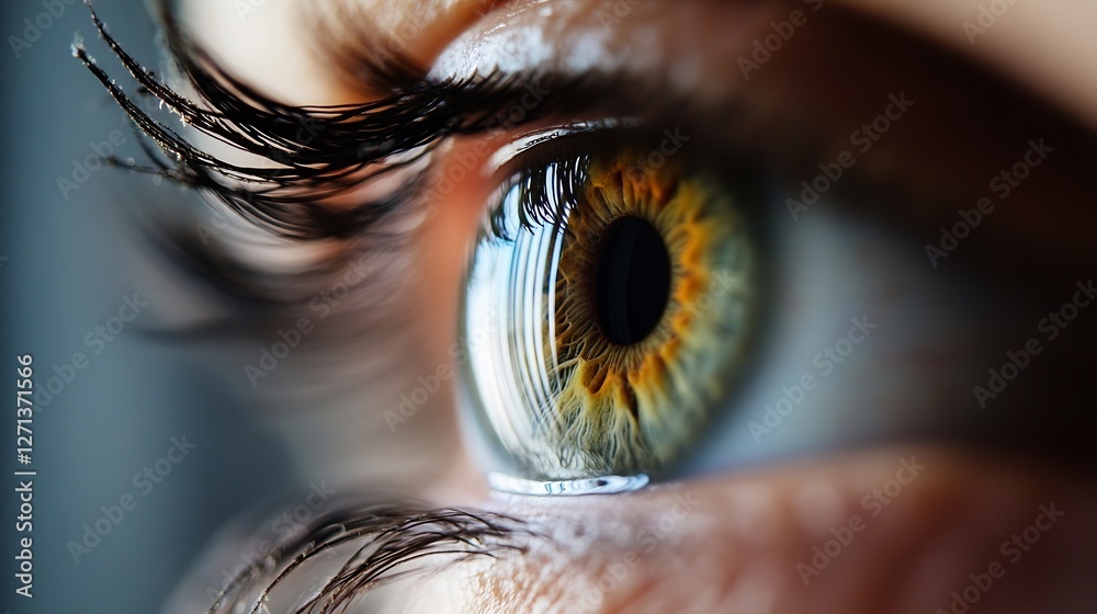 Poster close up of a vibrant human eye showcasing intricate details of iris and reflections in the pupil : 