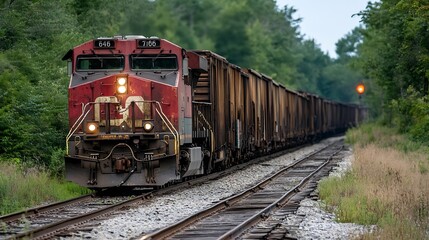 Naklejka premium Freight Train Traveling along Tracks Surrounded by Lush Green Landscape Signifying Transport and Industry : Generative AI