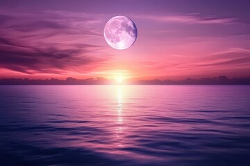 The Moon Rising Above a Calm Ocean While the Last Rays of the Setting Sun Paint the Sky in Deep Shades of Pink and Purple