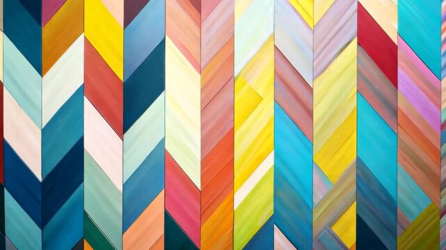 A striking abstract composition featuring a colorful chevron pattern with sharp geometric precision. The combination of bold and pastel hues creates a visually appealing and modern artistic design