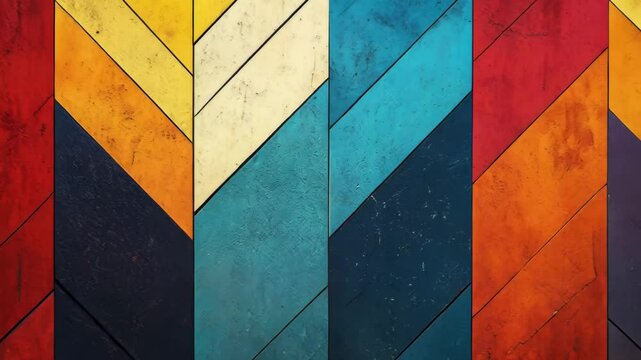 A vibrant abstract design featuring a chevron pattern in bold shades of red, yellow, blue, and orange. The textured surface adds depth and a rustic feel, making it perfect for backgrounds, wallpapers