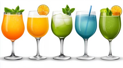 Fototapeta premium Colorful Array of Refreshing Summer Cocktails with Fruits and Mint Leaves on a White Background