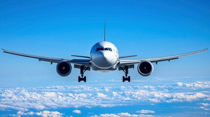 Obraz premium Boeing 777 Airplane Flying Above Clouds, Front View