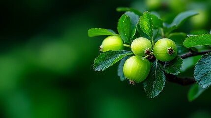 Obraz premium Close up of unripe green apples on a branch.