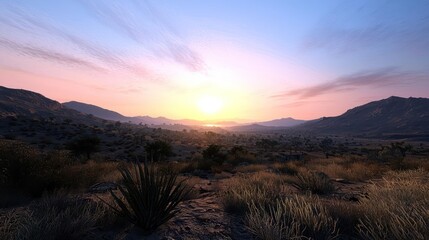 Obraz premium Serene Desert Sunset Landscape with Warm Colors and Majestic Mountains
