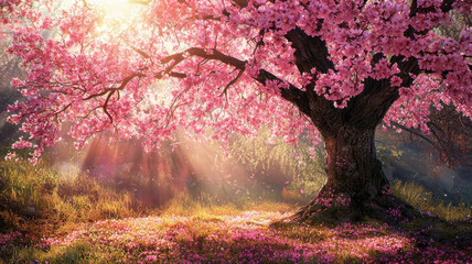 Fototapeta premium blossoming cherry tree in spring with vibrant pink flowers and sunlight filtering through branches creates serene atmosphere