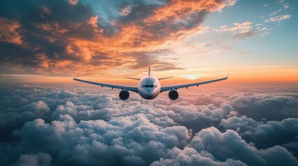 Obraz premium Airplane Flying Above Clouds at Sunset