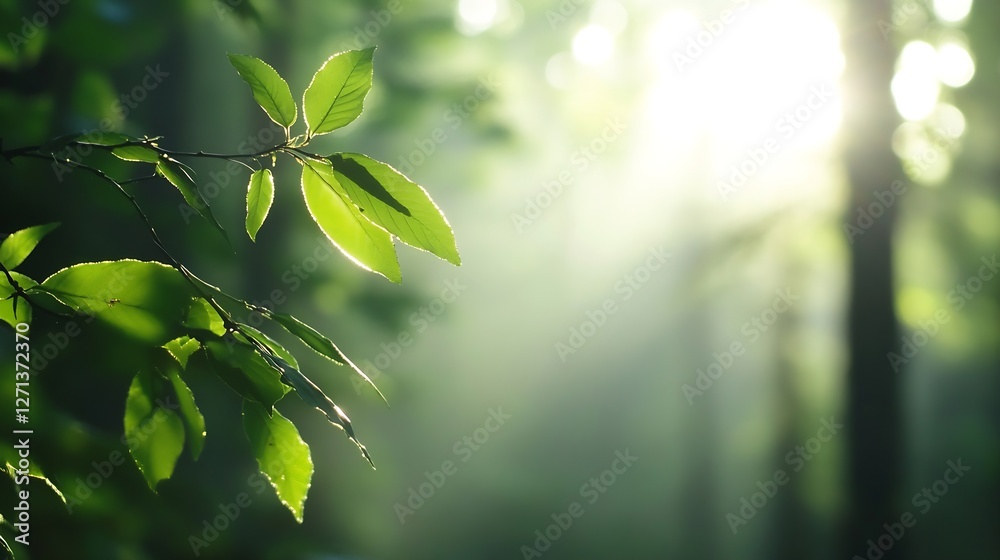 Fototapete sunlight filtering through leaves in a lush green forest with a soft glow : generative ai