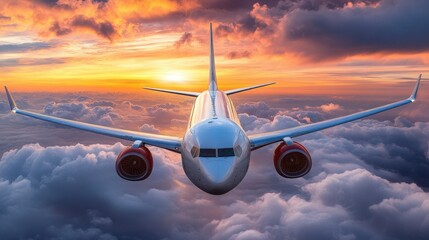 Airplane Flying Above Clouds at Sunset