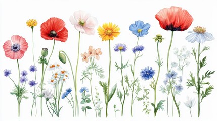 Poppy, chamomile, cornflower, clover, anemone and sunflower watercolor wildflowers.