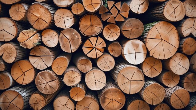 Wooden natural logs chopped round logs of firewood. Pile of wood logs ready for winter. Logging timber wood industry. Log background, wooden background. Alternative sources of heat, heating with wood.
