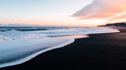 Obraz premium Serene beach view at sunset with gentle waves lapping on black sand shore : Generative AI