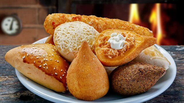 Brazilian snacks food, breaded, coxinha, kibe, esfiha