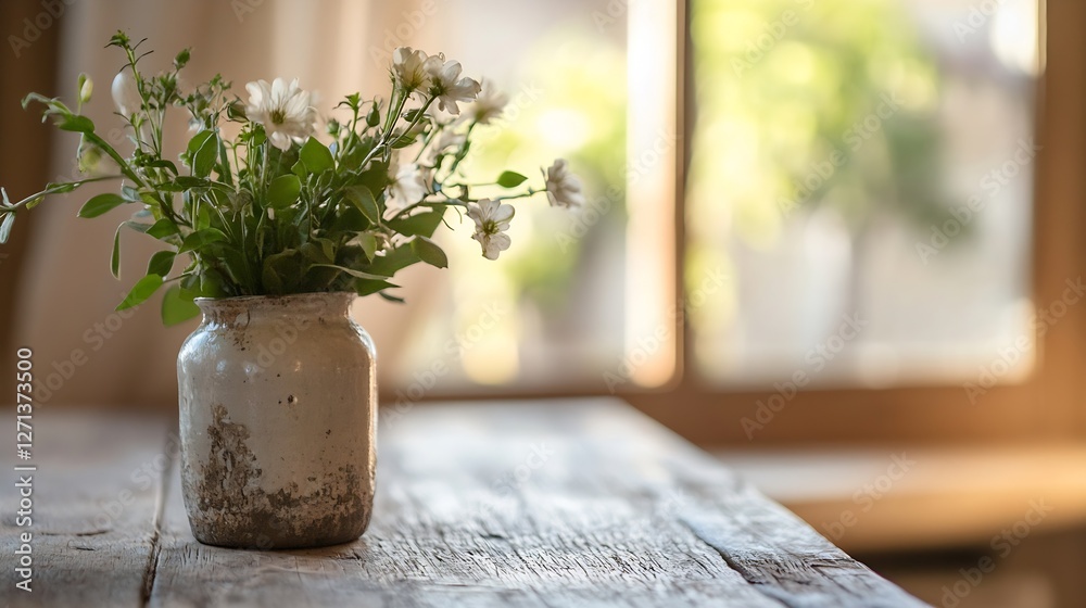 Poster delicate floral arrangement in a simple jar on a rustic wooden table : generative ai