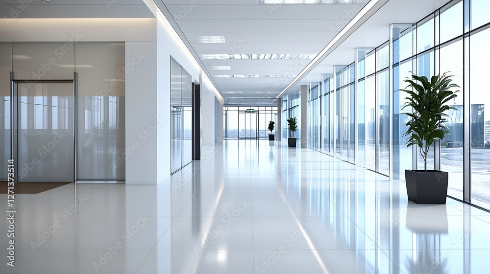 Poster modern and bright office corridor with large windows and stylish plants creating a fresh ambiance : 