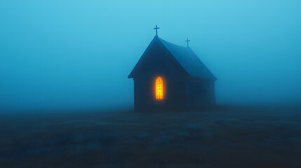 Fototapeta premium A lonely chapel in dense fog, illuminated by ethereal blue flames flickering inside and casting ghostly light outside.