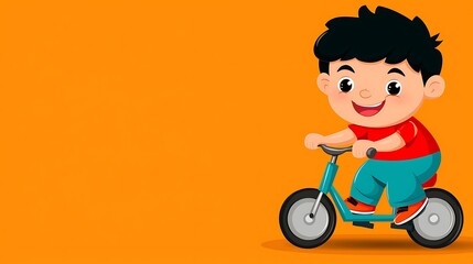 Naklejka premium Cartoon boy riding bike, orange background, happy expression