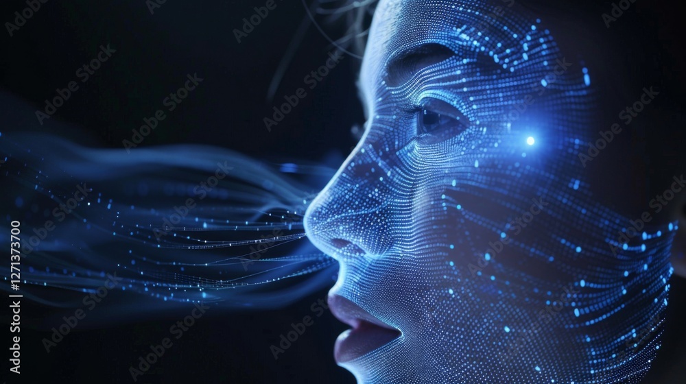 Poster a creative representation of a woman's profile enhanced with glowing lines and particles, illustrati