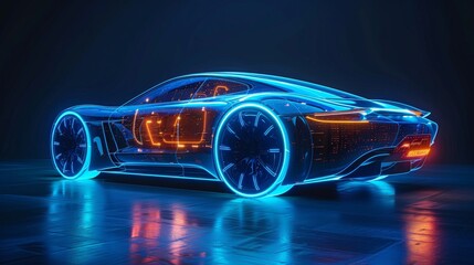 Futuristic electric car concept with neon lights showcasing automotive design and technology.