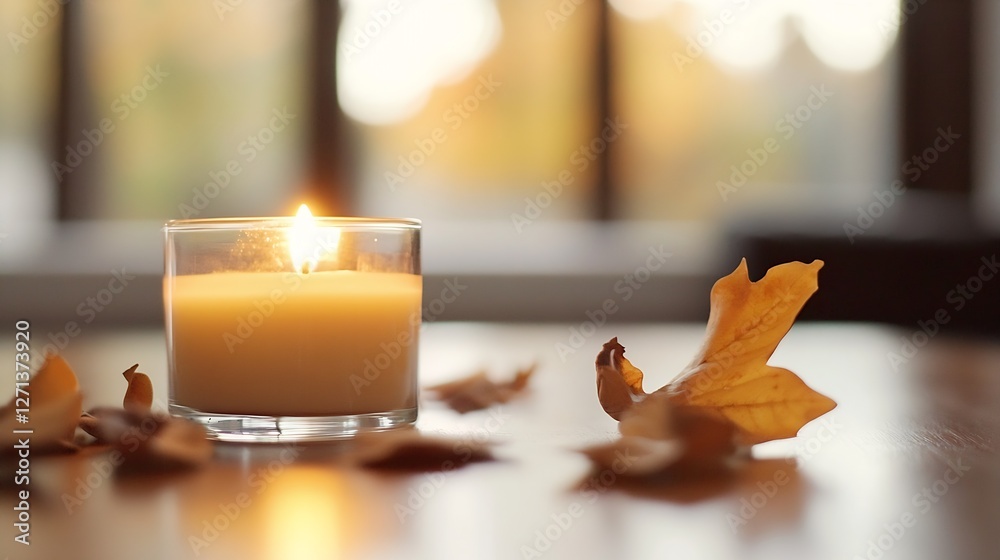 Aufkleber a lit candle on a wooden table with autumn leaves creating a warm and cozy atmosphere : generative a