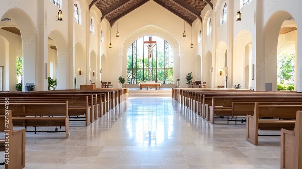 Poster inside view of a bright and modern church with wooden benches and large windows : generative ai