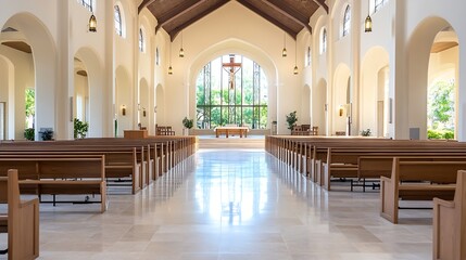 Inside view of a bright and modern church with wooden benches and large windows : Generative AI