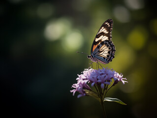 Obraz premium A butterfly on a vibrant flower, showcasing fine textures, vivid colors, and delicate wings illuminated by soft natural light.