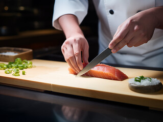 Obraz premium A chef preparing sushi, focusing on the precision of the knife and the freshness of the fish, captured with a professional and high-quality style.