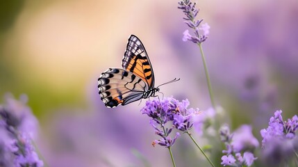 Beautiful butterfly perched on lavender flowers showcasing nature's vibrant colors : Generative AI