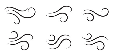 Doodle wind line sketch set. Hand drawn doodle wind motion, air blow, swirl elements. Sketch drawn air blow motion, smoke flow art, abstract line.