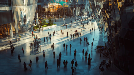 Modern Urban Plaza with People and Reflective Architecture