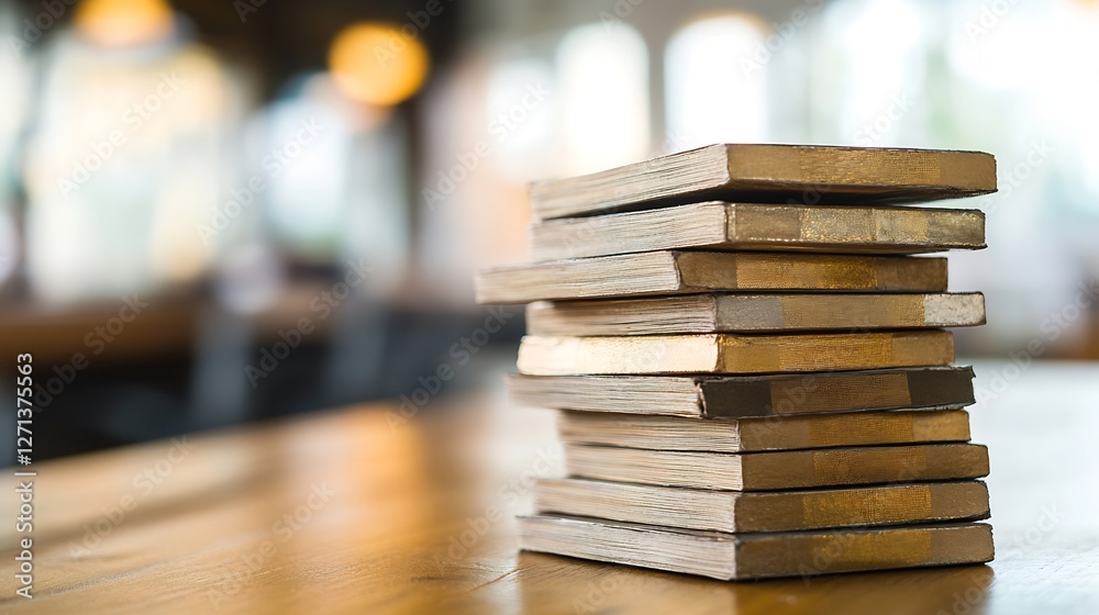 Poster stack of vintage books with golden edges placed elegantly on rustic wooden table in cozy cafe : gene