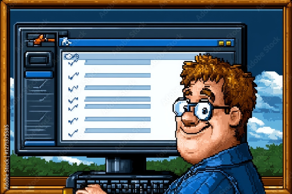 Fototapete A 8-bit pixel art of a person selecting survey answers on a pixelated computer screen with retro text boxes