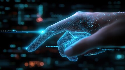 A hand is pointing at a screen with a blue glow