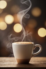 Steam rising from a warm cup placed on a wooden surface with soft bokeh lights in the background during evening hours