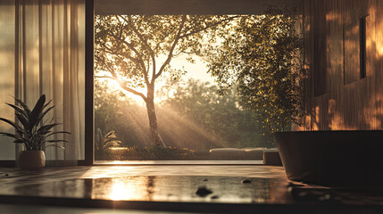 Serenity in Nature with Soft Morning Light through Glass Window