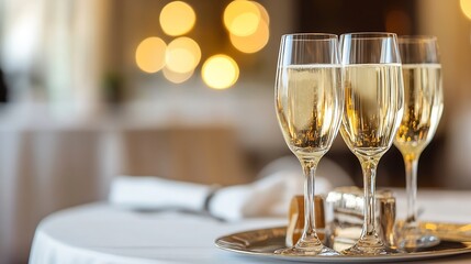 Elegant Champagne Glasses on Table in Upscale Restaurant Decor with Soft Lighting : Generative AI