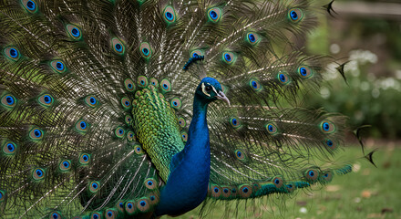 Fototapeta premium peacock with feathers, peacock sitting with its tail feathers partially spread,