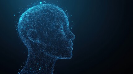 Obraz premium Abstract polygonal head outline on dark backdrop with mock up place. AI and human mind concept. 3D Rendering