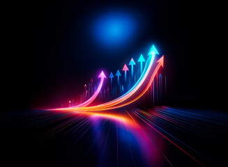 Naklejka premium Vibrant arrows ascend against a dark backdrop, illuminated with neon hues. Dynamic trails convey forward motion and progress, symbolizing growth and positive direction.