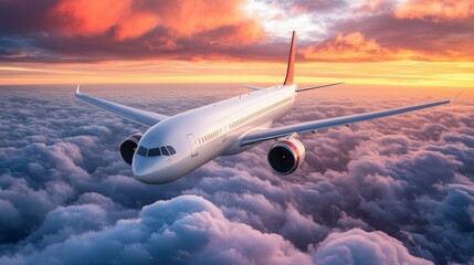 Airplane Flying Above the Clouds at Sunset