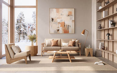 Cozy, minimalist living room with wood, neutral tones and large windows, 3d rendering 
