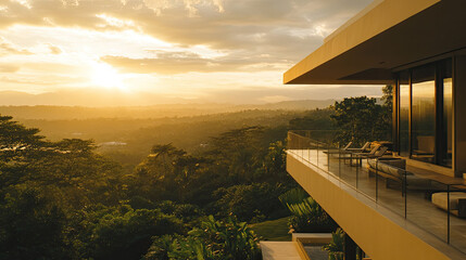Serene Sunset Over Lush Tropical Landscape from Modern Balcony View