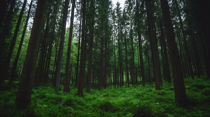 Dense Green Forest with Tall Pine Trees Surrounded by Lush Green Ferns and Soft Natural Light : Generative AI