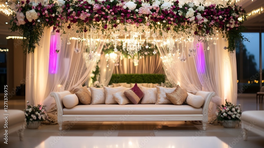 Poster elegant wedding reception setup with stunning floral arrangements and cozy seating area illuminated 